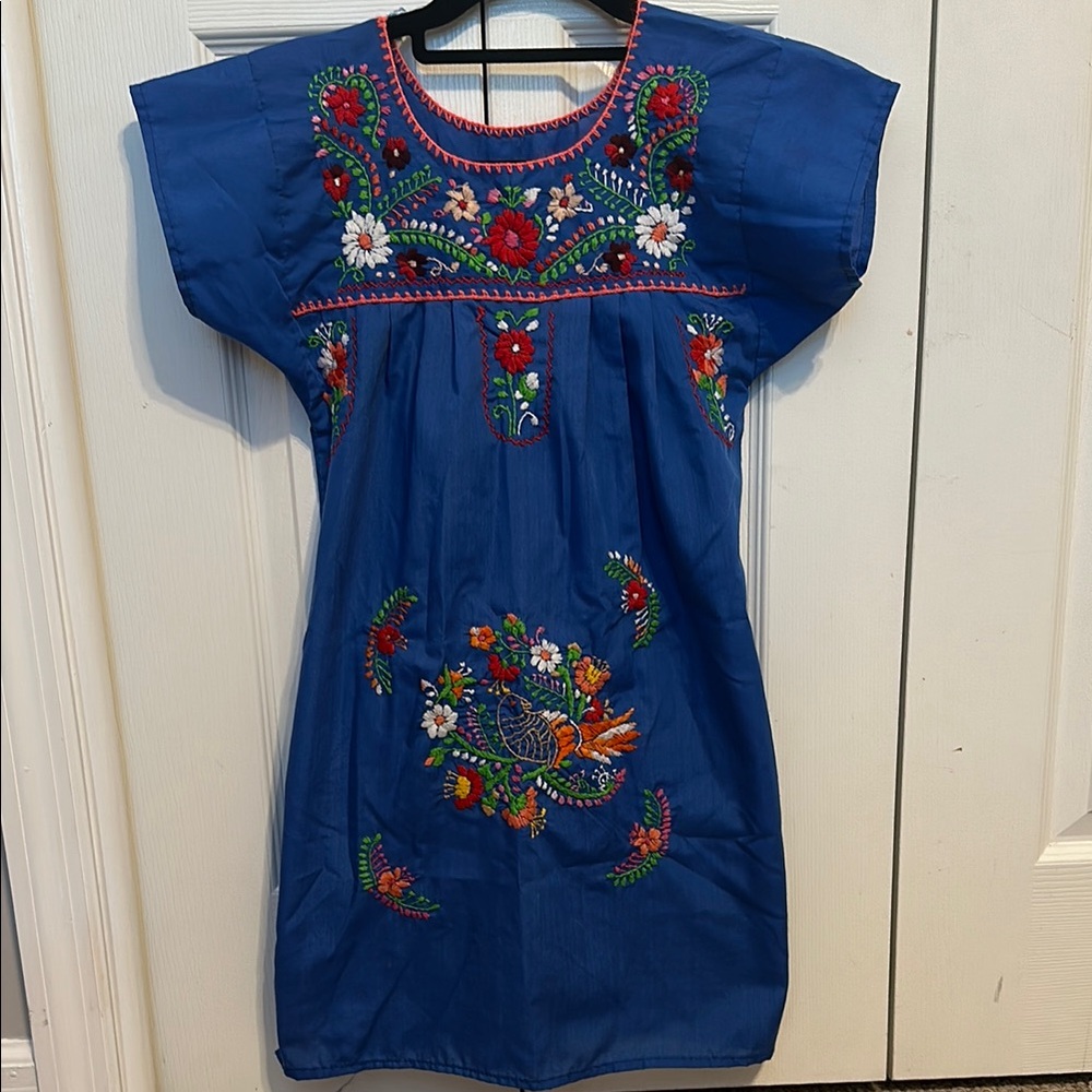 Hand Embroidered 🌼 Girls Puebla Blue Dress Boho Style Floral
